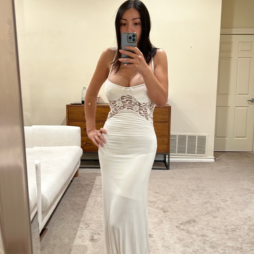 Sky long maxi white dress with lace details size M